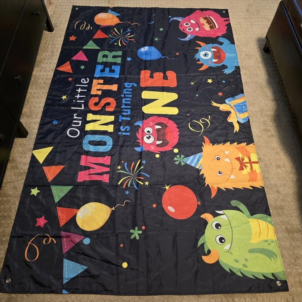 Our Little Monster Is TurningOne Baby/Toddler BirthdayBanner 70